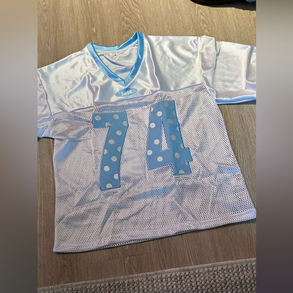 Blue and White Mesh Jersey with Polka Dots